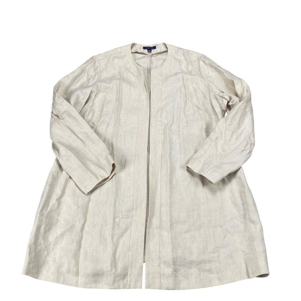 Lands Endโ Womens 18W Linen Open Front Longline Jacket Beige Oatmeal Pocket Coat